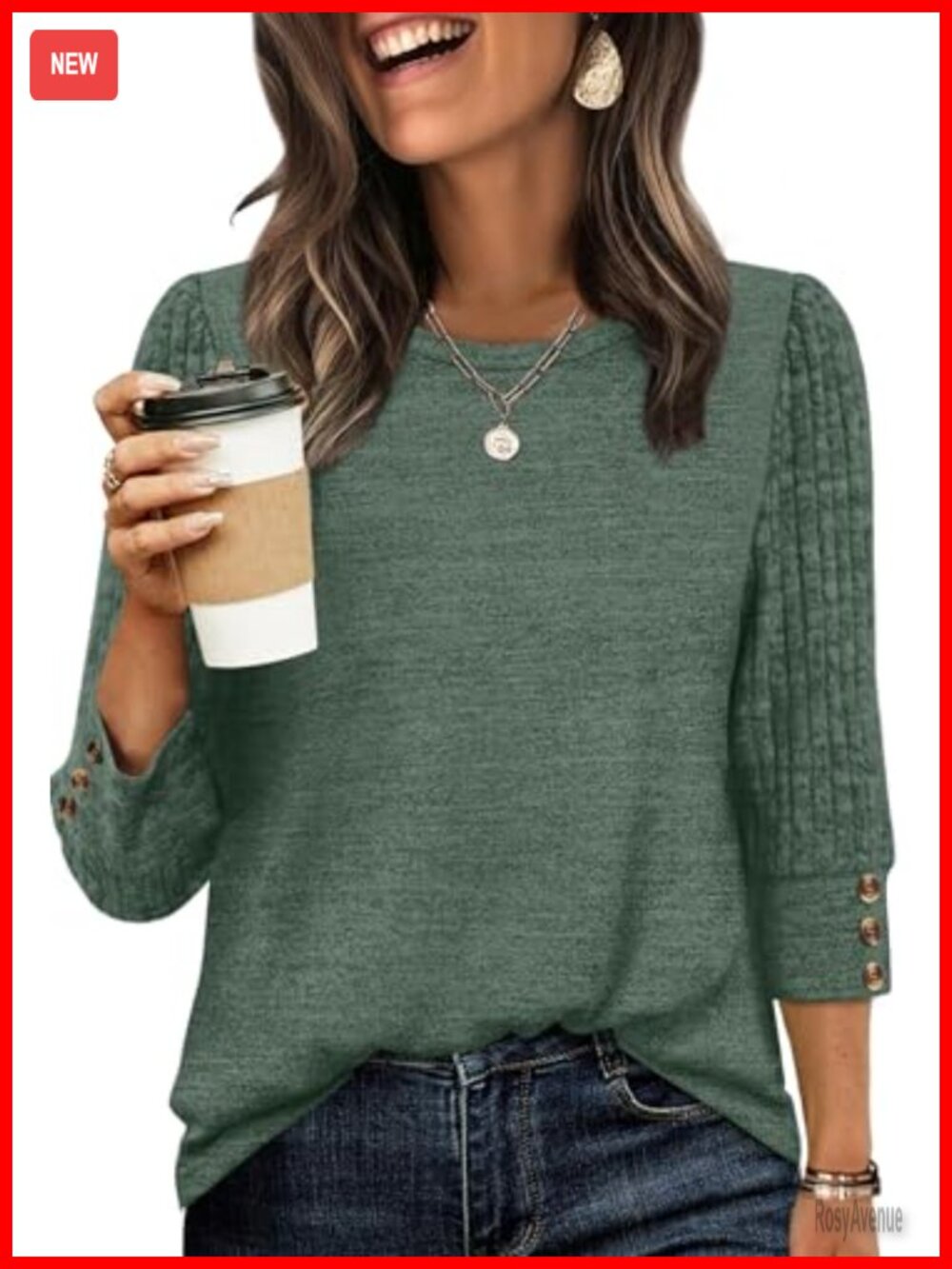 Womens 3/4 Sleeve Button Blouse Lightweight Soft Sweater Top Tunic